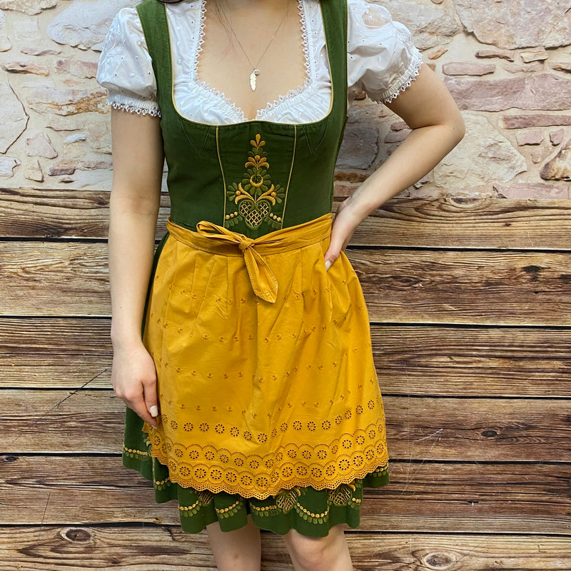 Balkonett Dirndl Trachtenkleid Vintage Stickerei Gr.36, grün mit gelber Schürze