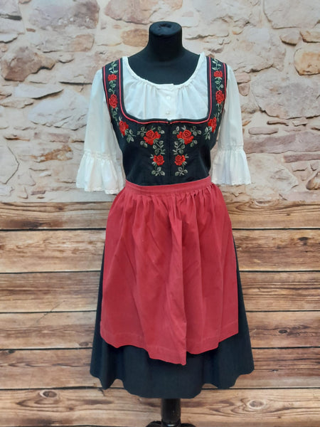 Schwarzes Vintage Dirndl bestickt Gr.42 , rote Rosen, inklusiv roter Schürze