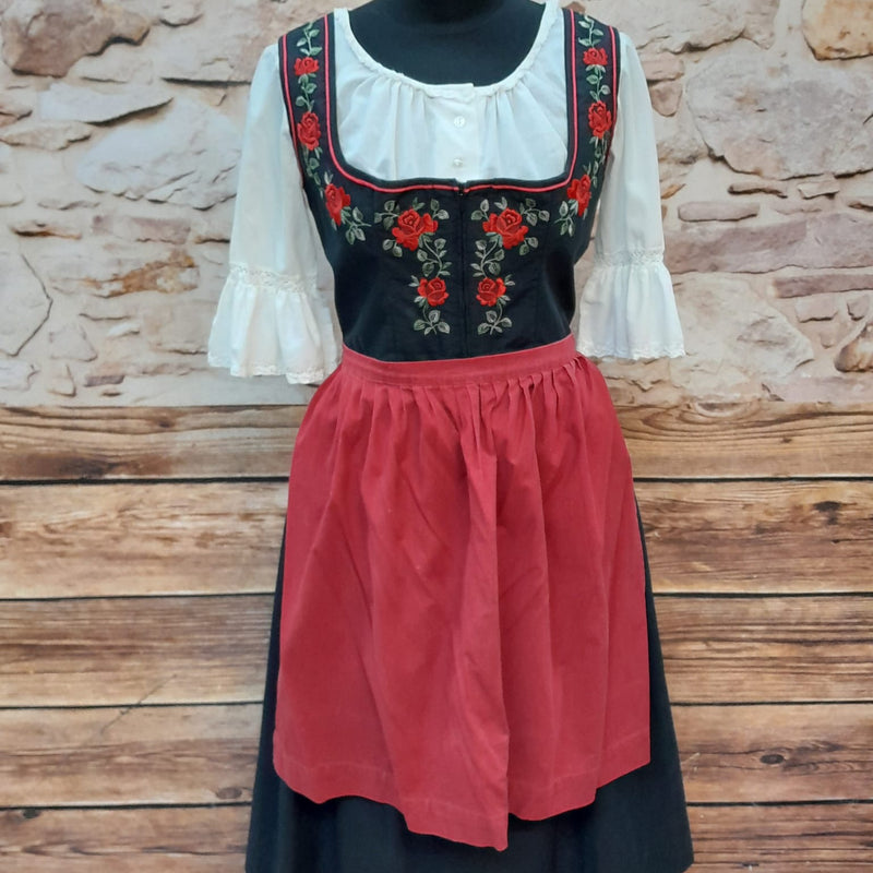 Schwarzes Vintage Dirndl bestickt Gr.42 , rote Rosen, inklusiv roter Schürze