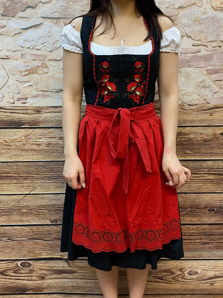 Balkonett Dirndl Trachtenkleid Vintage Stickerei Gr.36, schwarz mit roter Schürze