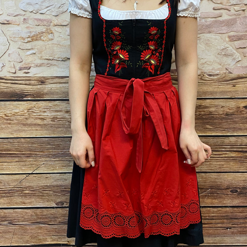 Balkonett Dirndl Trachtenkleid Vintage Stickerei Gr.36, schwarz mit roter Schürze