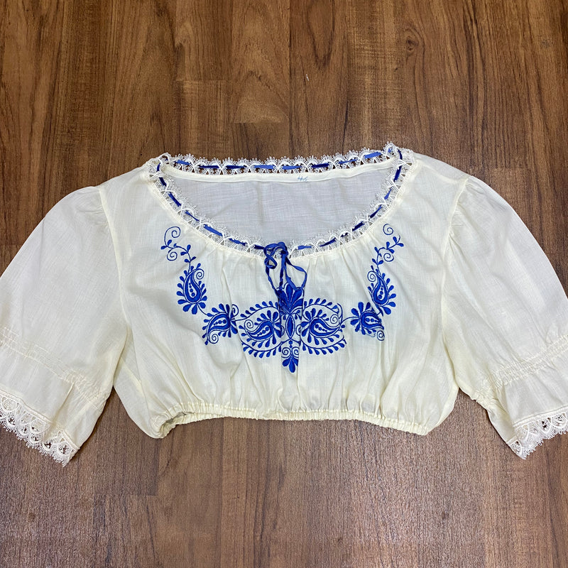 Vintage Dirndlbluse, Trachtenbluse mit blauer Stickerei, Unikat, Gr.44