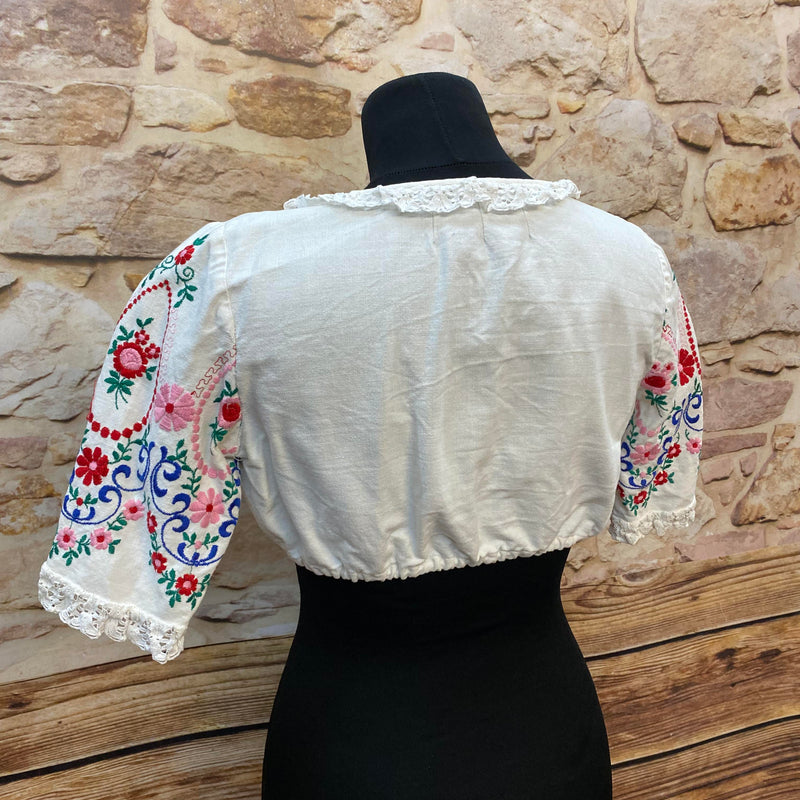 Vintage Dirndlbluse mit bunter Blumenstickerei – Gr. 36