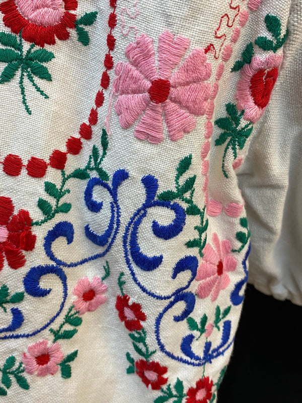 Vintage Dirndlbluse mit bunter Blumenstickerei – Gr. 36