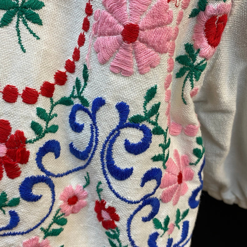 Vintage Dirndlbluse mit bunter Blumenstickerei – Gr. 36