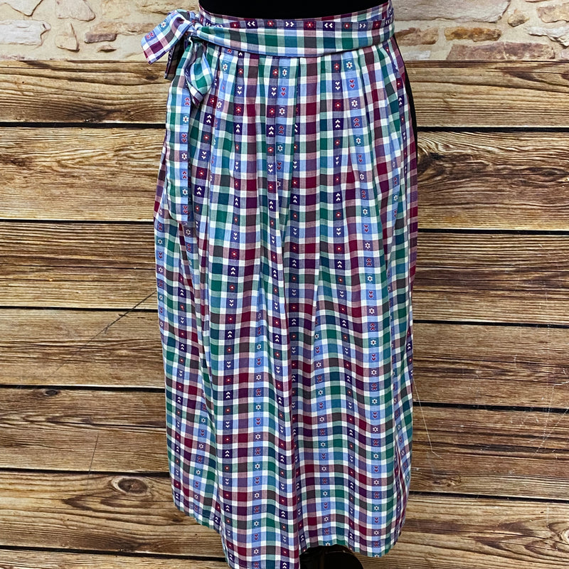 Dirndlschürze für Damen, kariert in Weinrot, Grün und Hellblau, 75 cm lang, Schleifenbandverschluss, aus Baumwolle, vintage, sehr guter Zustand.