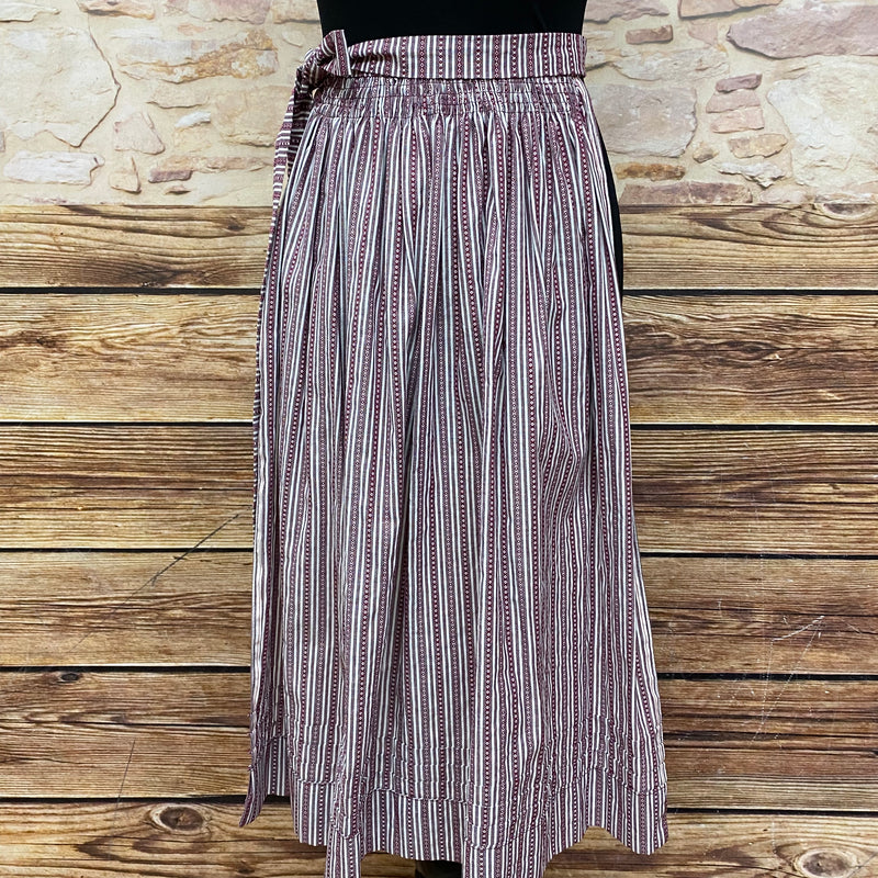 Gestreifte Dirndl-Schürze für Damen, weinrot/rostrot/beige mit traditionellem Muster, 73 cm lang, Baumwolle, Schleifenverschluss, vintage, sehr guter Zustand.