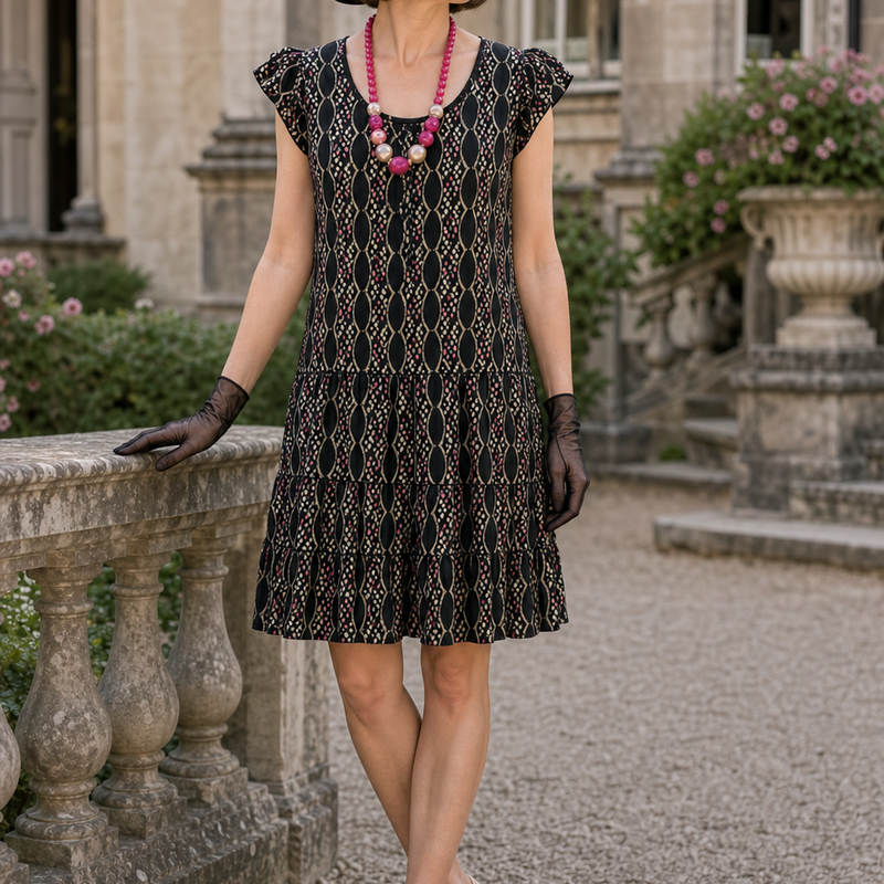 Frau in schwarzem Downton Abbey Tageskleid Gr. 38 im 1920er Stil mit Hut, pinker Kette und Handschuhen