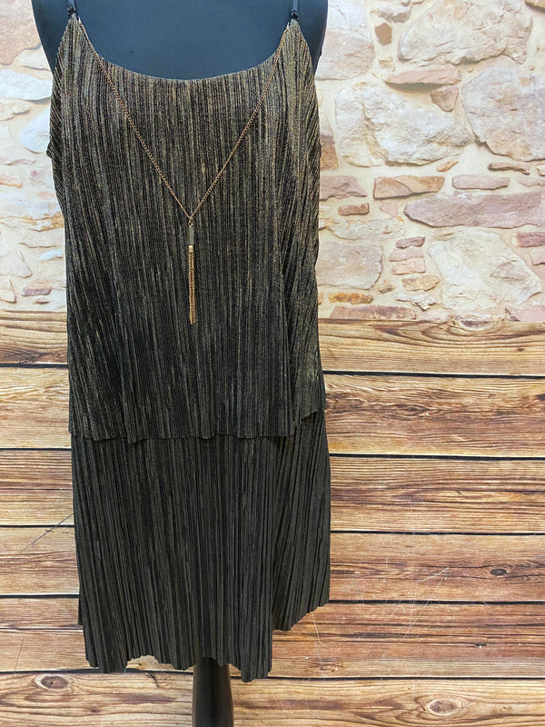 Gold‑schwarz schimmerndes Drop‑Waist Plissé‑Kleid mit Spaghettiträgern, Vintage Größe 42.