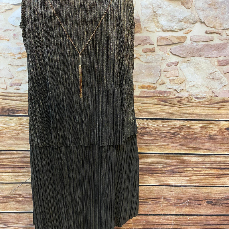 Gold‑schwarz schimmerndes Drop‑Waist Plissé‑Kleid mit Spaghettiträgern, Vintage Größe 42.