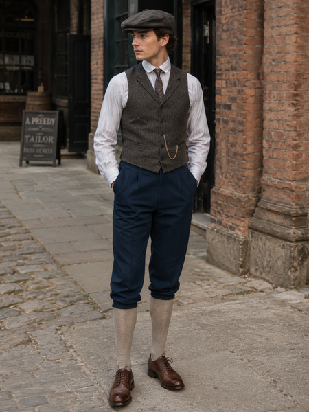 KI-generierter Herrenlook im 20er-Jahre-Stil mit dunkelblauer Knickerbocker, Weste, Krawatte und Schiebermütze.