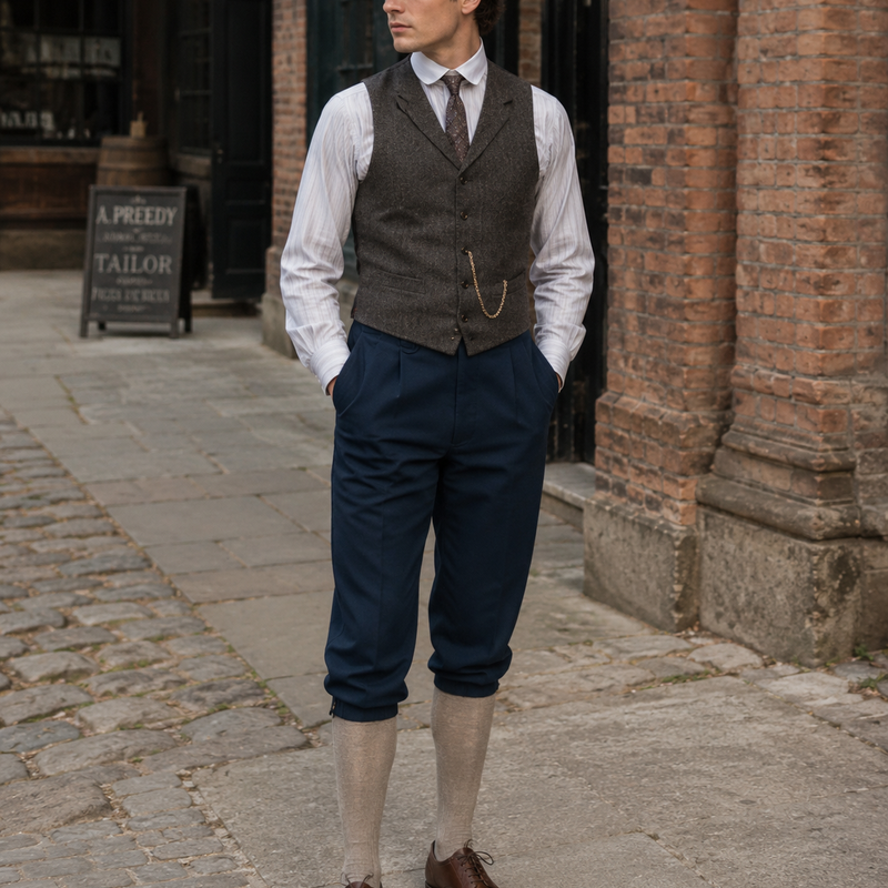 KI-generierter Herrenlook im 20er-Jahre-Stil mit dunkelblauer Knickerbocker, Weste, Krawatte und Schiebermütze.