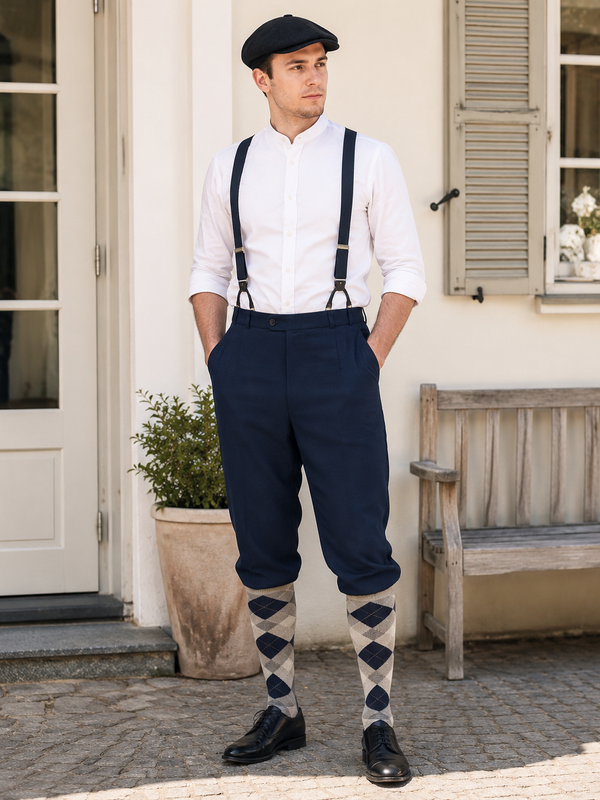 Dunkelblaue Herren Knickerbocker im 20er Jahre Stil mit Hosenträgern, Schiebermütze und Rauten-Kniestrümpfen an echtem Modell in heller Umgebung.