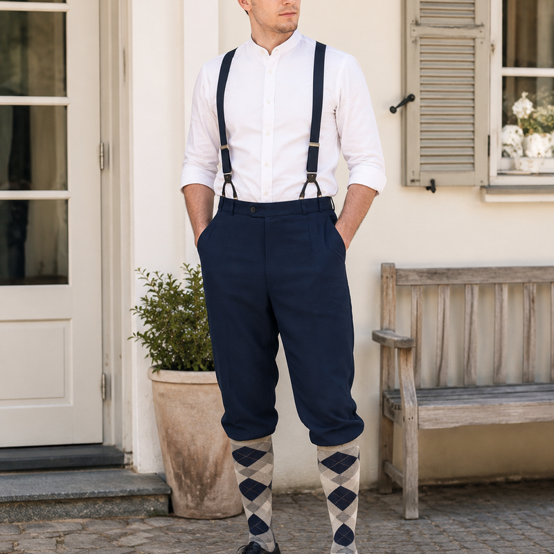 Dunkelblaue Herren Knickerbocker im 20er Jahre Stil mit Hosenträgern, Schiebermütze und Rauten-Kniestrümpfen an echtem Modell in heller Umgebung.