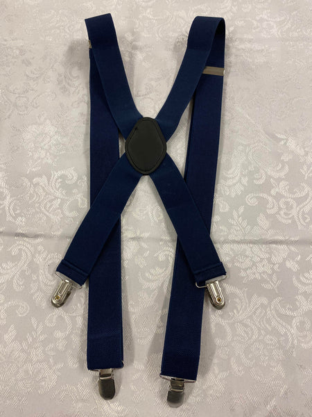 „Dunkelblaue Vintage Hosenträger in X-Form mit Metallclips und schwarzem Rückenstück“