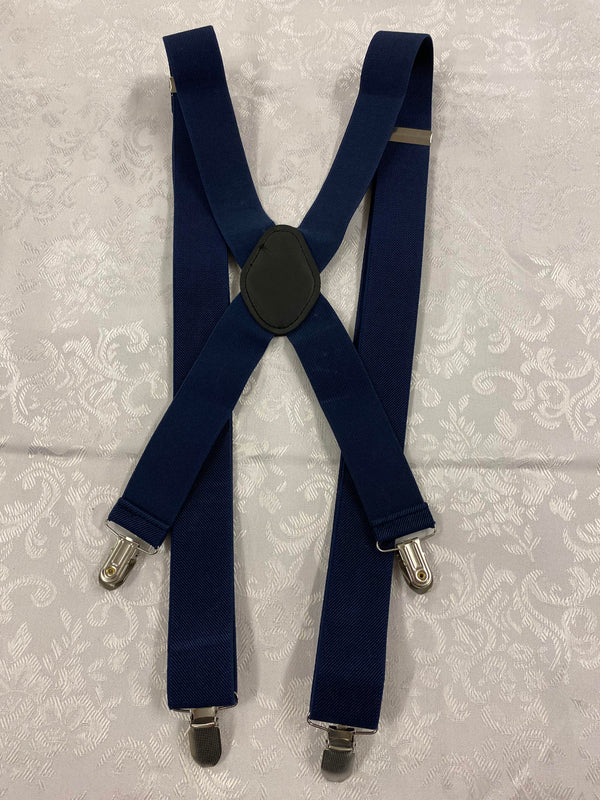 „Dunkelblaue Vintage Hosenträger in X-Form mit Metallclips und schwarzem Rückenstück“