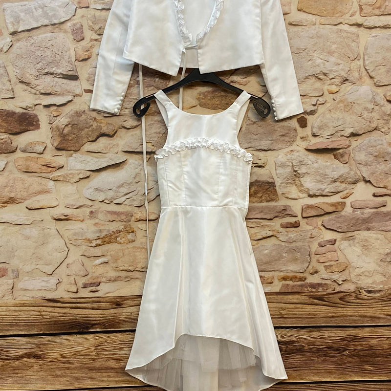 Kommunionkleid Mädchen Gr. 128 Weiß – Vokuhila mit Bolero & Tüll