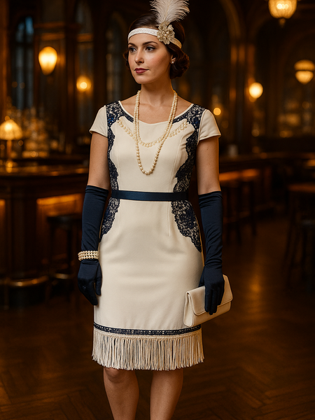 Cremeweiße Fransenkleid mit dunkelblauen Spitzenapplikationen, navy Handschuhe, lange Perlenkette, Perlenarmbänder über den Handschuhen, ivory Handtasche, T-Strap-Schuhe und der weiße Federschmuck Größe 34
