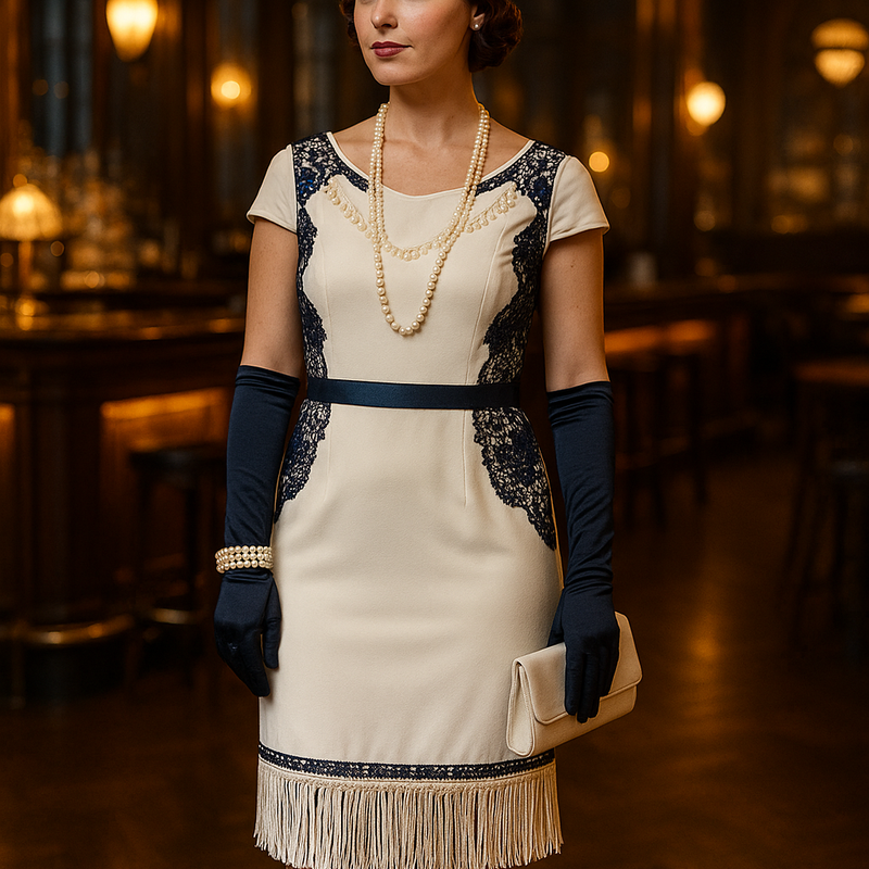Cremeweiße Fransenkleid mit dunkelblauen Spitzenapplikationen, navy Handschuhe, lange Perlenkette, Perlenarmbänder über den Handschuhen, ivory Handtasche, T-Strap-Schuhe und der weiße Federschmuck Größe 34