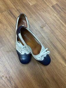 40er, 50er Jahre Vintage Damenschuh, Schuhe mit Blockabsatz, Blau Weiß