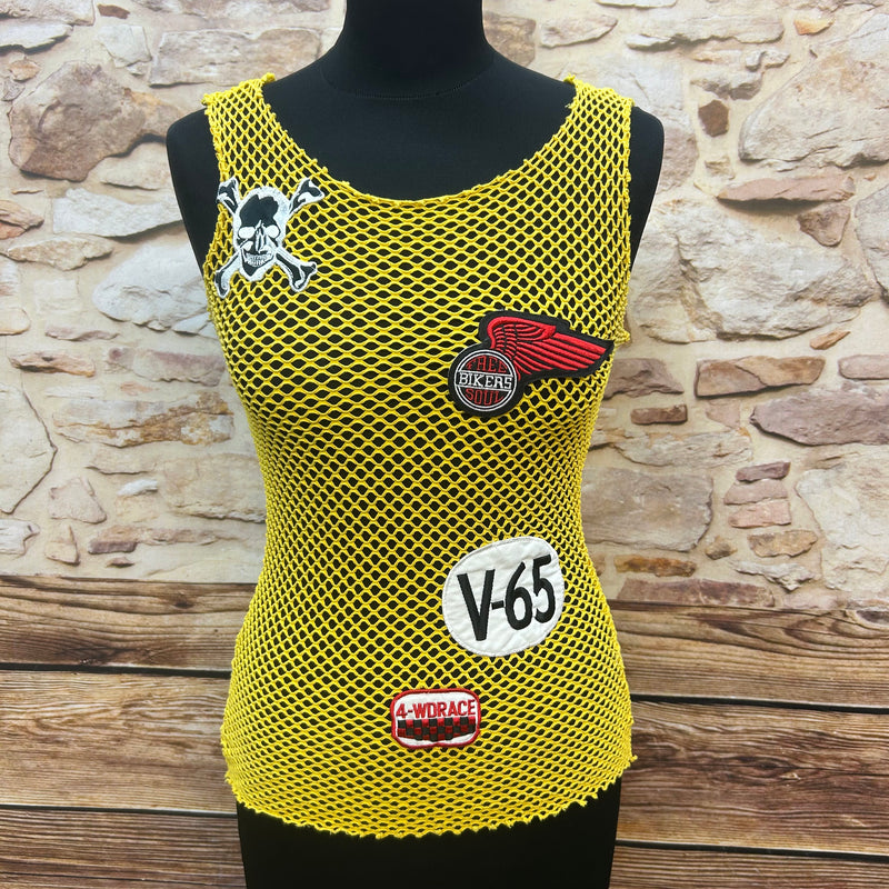 FREESOUL Vintage Netz-Top in Gelb, Größe S, 80er Jahre Stil mit Patches und großem Rücken-Patch, guter Zustand – Damen Mesh Tank
