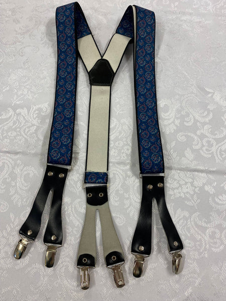 „Gemusterte Vintage Hosenträger in Y-Form mit Paisley-Muster und schwarzen Lederdetails“