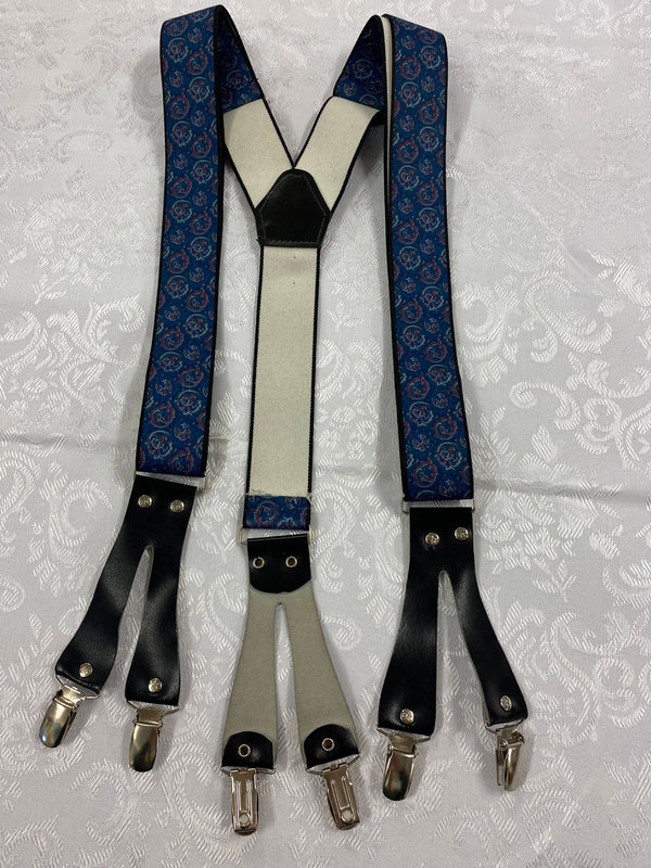 „Gemusterte Vintage Hosenträger in Y-Form mit Paisley-Muster und schwarzen Lederdetails“