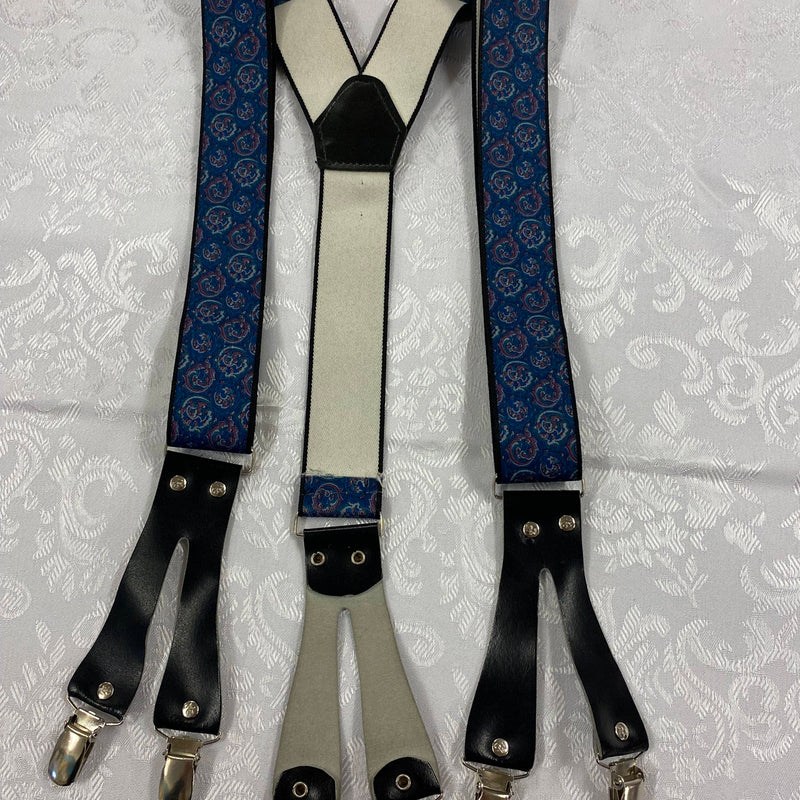 „Gemusterte Vintage Hosenträger in Y-Form mit Paisley-Muster und schwarzen Lederdetails“