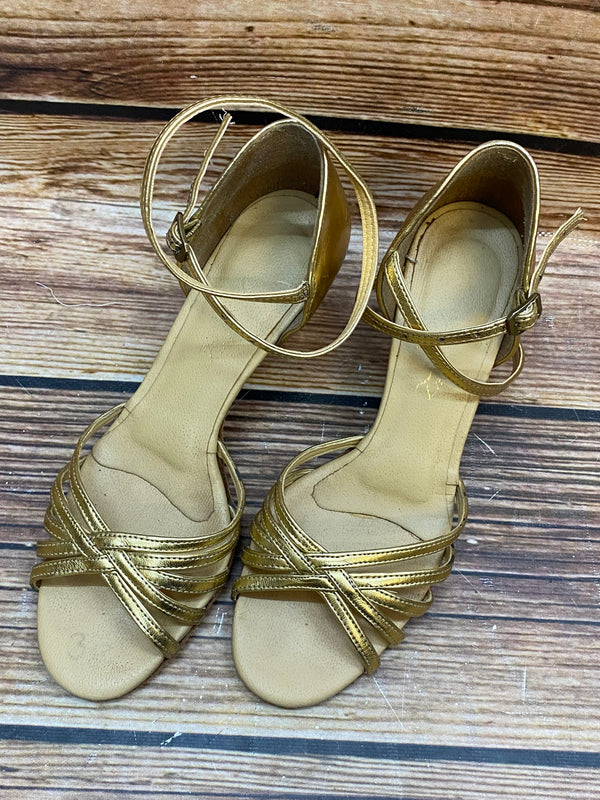 „Goldene Tanzsandalen Damen Größe 38 mit Riemchen Vintage Stil“