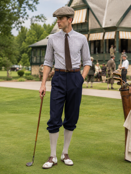KI-generierter Herrenlook im 20er-Jahre-Stil mit Knickerbocker, kariertem Hemd, Schiebermütze und Golfschuhen.