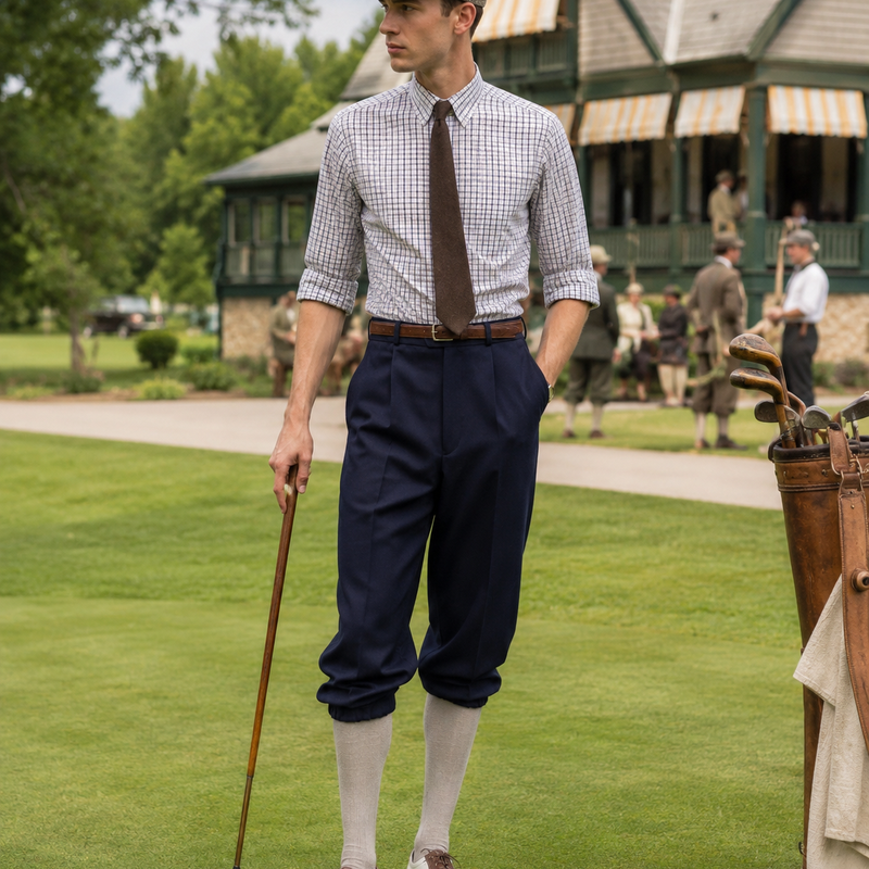 KI-generierter Herrenlook im 20er-Jahre-Stil mit Knickerbocker, kariertem Hemd, Schiebermütze und Golfschuhen.
