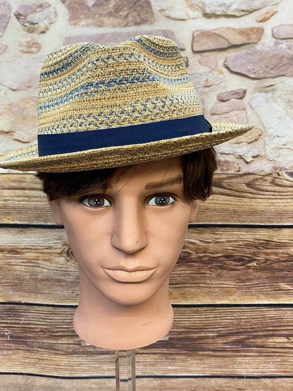 „Goorin Bros Herren Strohhut Größe Large in Natur und Blau mit dunkelblauem Hutband, 100 Prozent Paper, Sommerhut im Retro-Look“