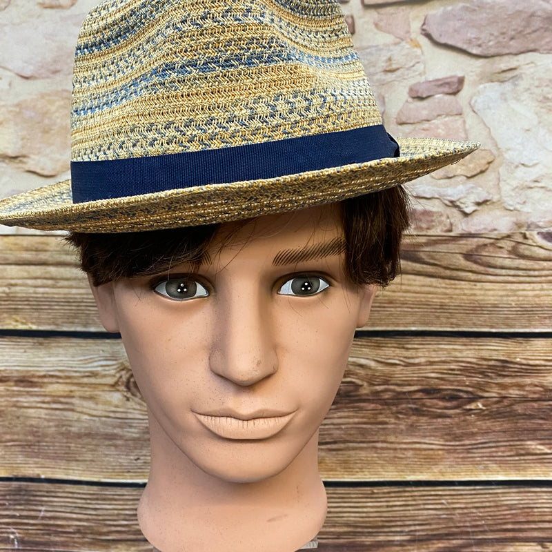 „Goorin Bros Herren Strohhut Größe Large in Natur und Blau mit dunkelblauem Hutband, 100 Prozent Paper, Sommerhut im Retro-Look“