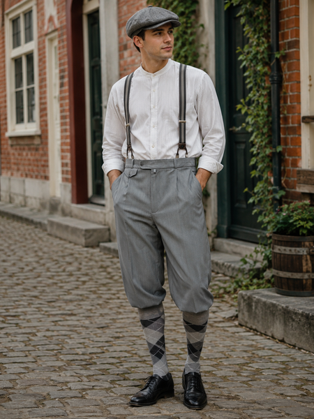 KI-generiertes Bild eines Herren-Outfits im 20er-Jahre-Stil mit grauer Knickerbocker-Hose, weißem Hemd, Hosenträgern, Schiebermütze und Rautestrümpfen in realer Umgebung.