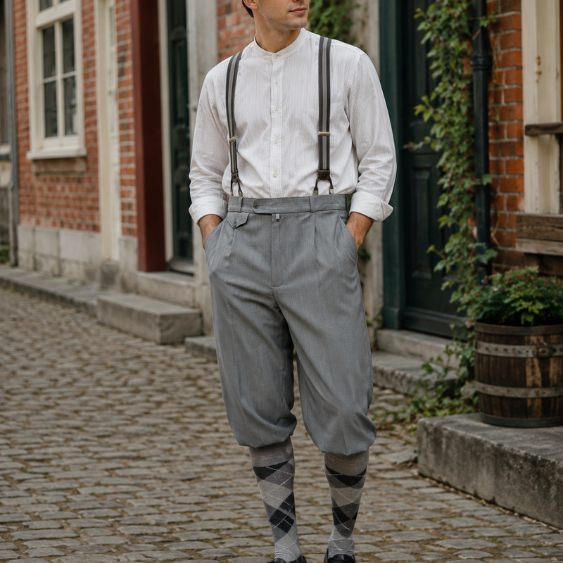 KI-generiertes Bild eines Herren-Outfits im 20er-Jahre-Stil mit grauer Knickerbocker-Hose, weißem Hemd, Hosenträgern, Schiebermütze und Rautestrümpfen in realer Umgebung.