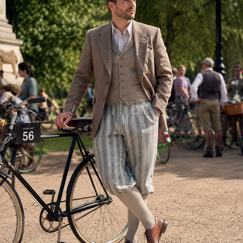 Graue Knickerbocker Herren 20er Jahre Stil mit Tweedjacke und historischem Fahrrad