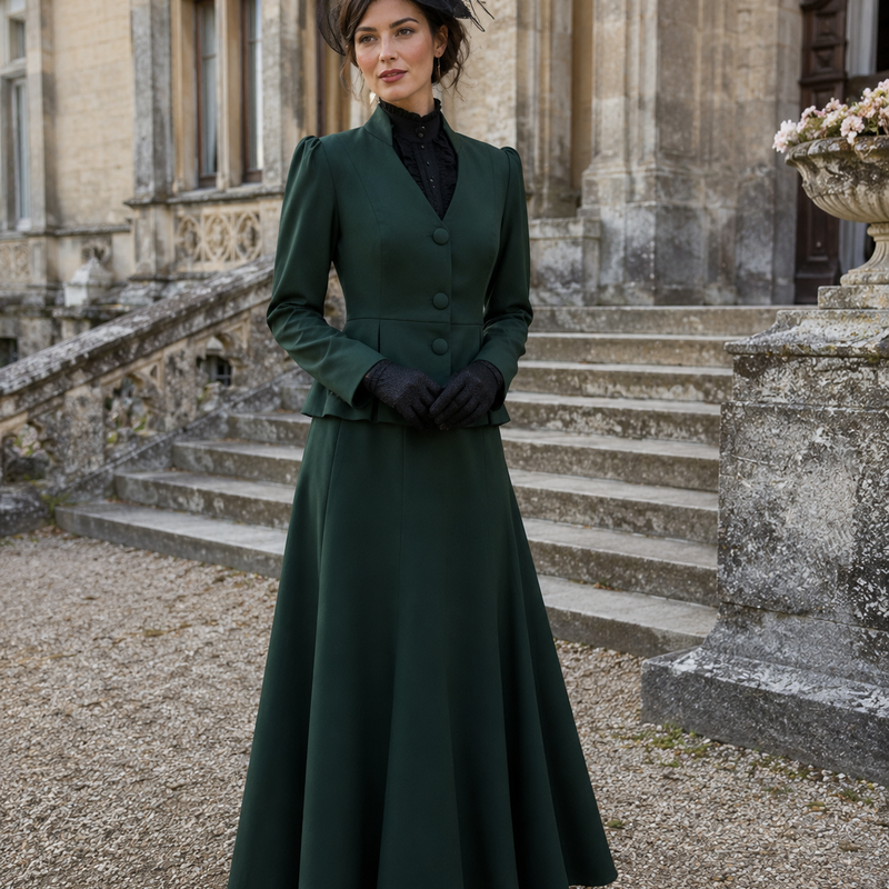 Grünes Damenkostüm im historischen Stil mit langem Rock, schwarzer Bluse, Hut und Handschuhen vor historischer Schlosskulisse.