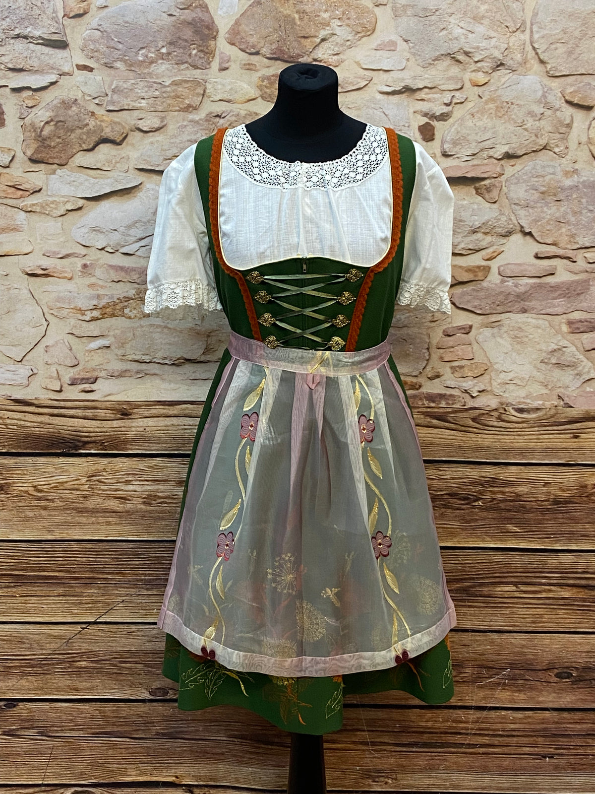 Dirndl vintage avec chemisier et tablier taille 42 en vert 