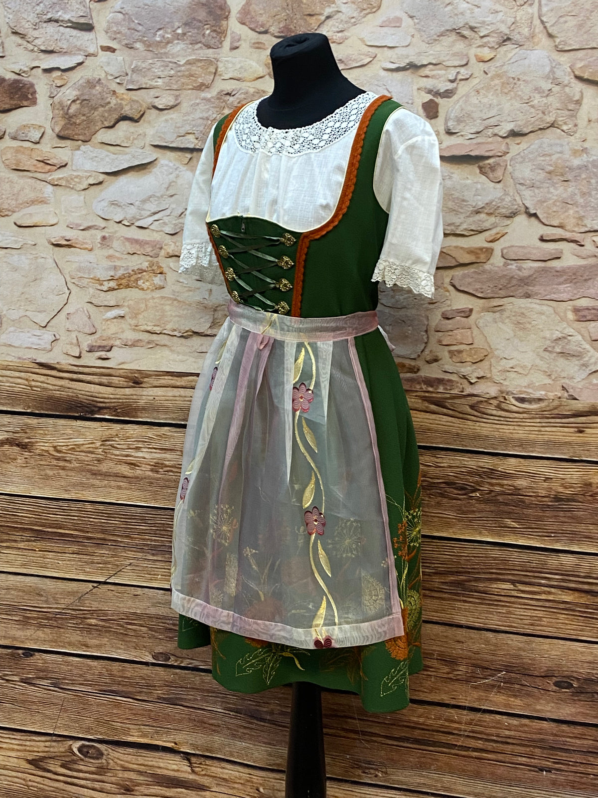 Dirndl vintage avec chemisier et tablier taille 42 en vert 