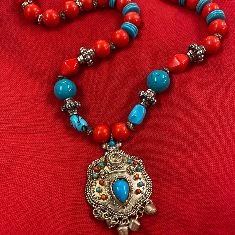 Ethno Halskette Türkis rot blau Metall Schmuck Kette Anhänger