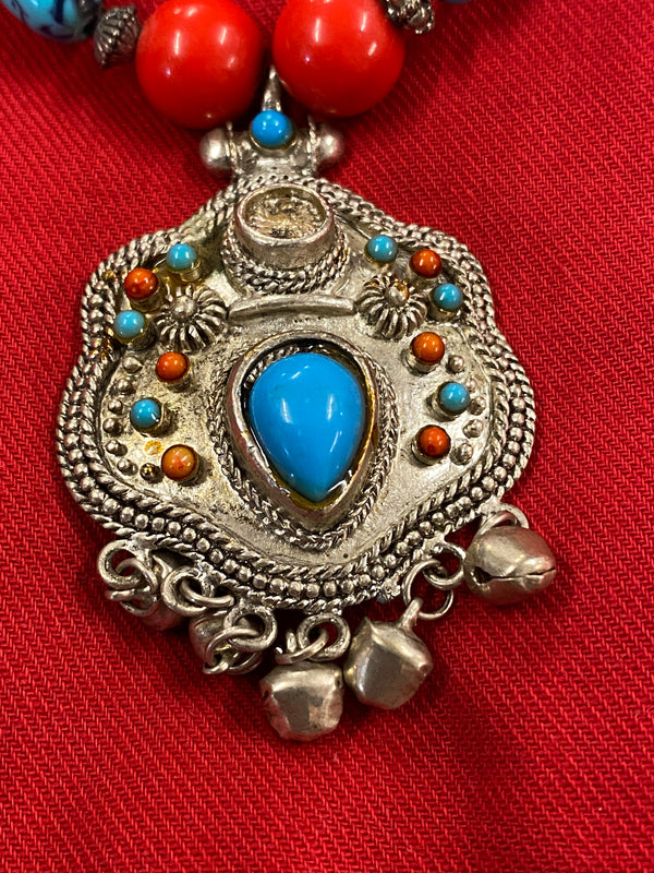 Ethno Halskette Türkis rot blau Metall Schmuck Kette Anhänger, Ansicht 2