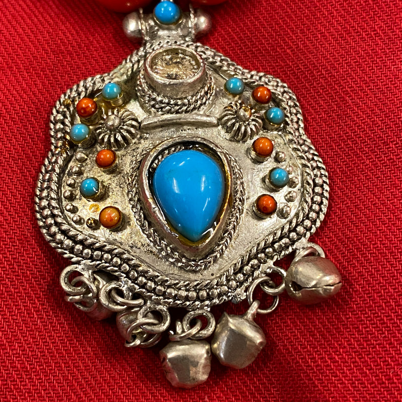 Ethno Halskette Türkis rot blau Metall Schmuck Kette Anhänger, Ansicht 2