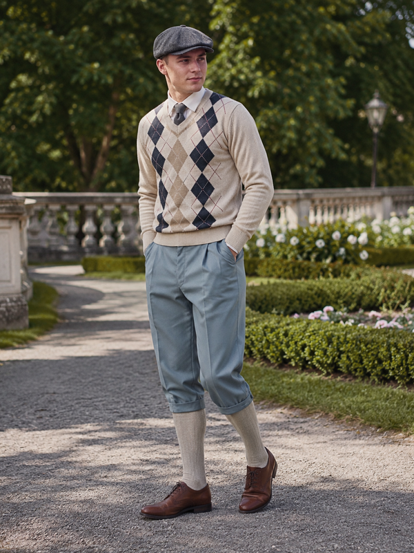 Hellgraue Knickerbocker Hose im 20er Jahre Stil mit Schiebermütze, Rautenpullover und Kniestrümpfen im Park