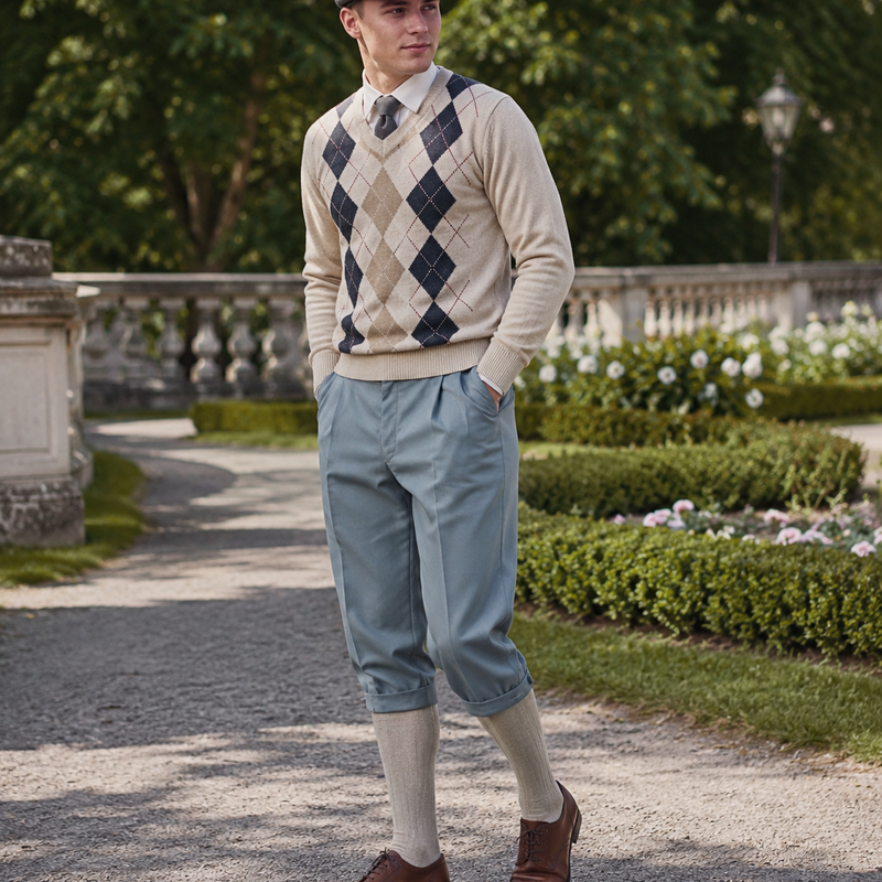 Hellgraue Knickerbocker Hose im 20er Jahre Stil mit Schiebermütze, Rautenpullover und Kniestrümpfen im Park