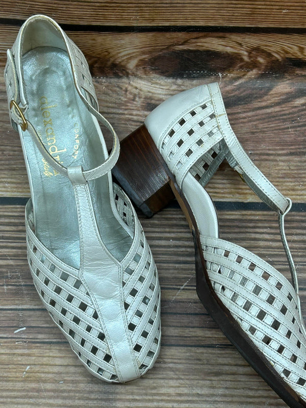 Hellgraue geflochtene Vintage Leder T-Strap Sandalen mit Blockabsatz, Größe 38, alexandria made in Italy