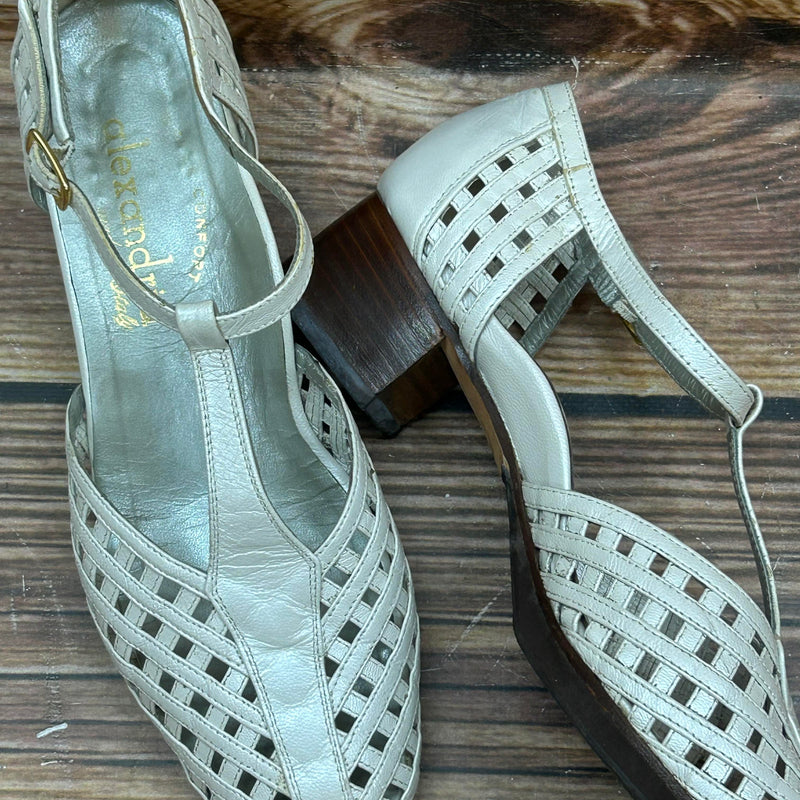 Hellgraue geflochtene Vintage Leder T-Strap Sandalen mit Blockabsatz, Größe 38, alexandria made in Italy