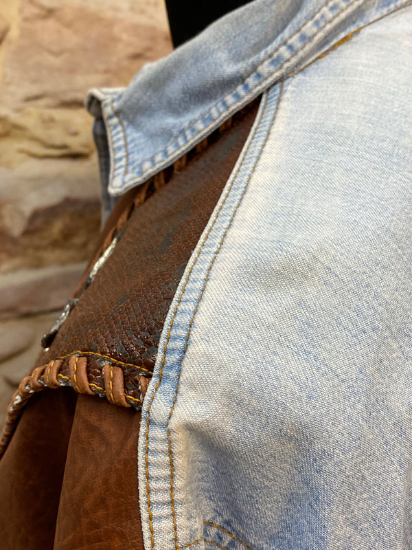 Vintage Western Denimhemd – Größe L – Lederdetails & Adler-Applikationen