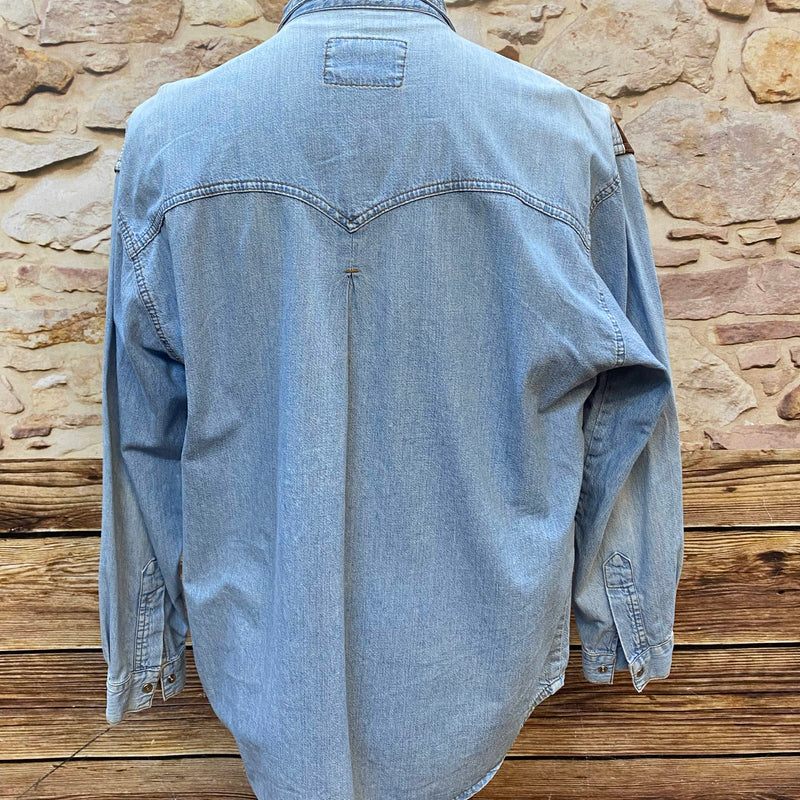Vintage Western Denimhemd – Größe L – Lederdetails & Adler-Applikationen