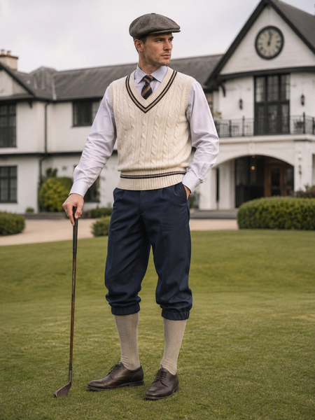 KI-generiert – Herren Knickerbocker im 20er Jahre Golf Outfit mit Pullunder, Krawatte, Schirmmütze und Kniestrümpfen