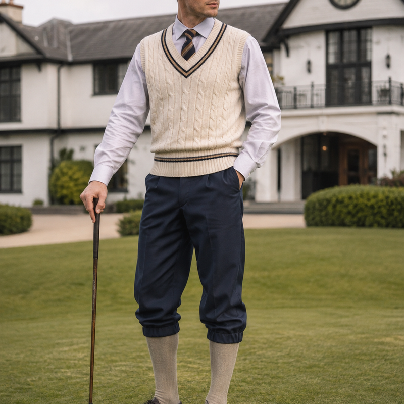 KI-generiert – Herren Knickerbocker im 20er Jahre Golf Outfit mit Pullunder, Krawatte, Schirmmütze und Kniestrümpfen